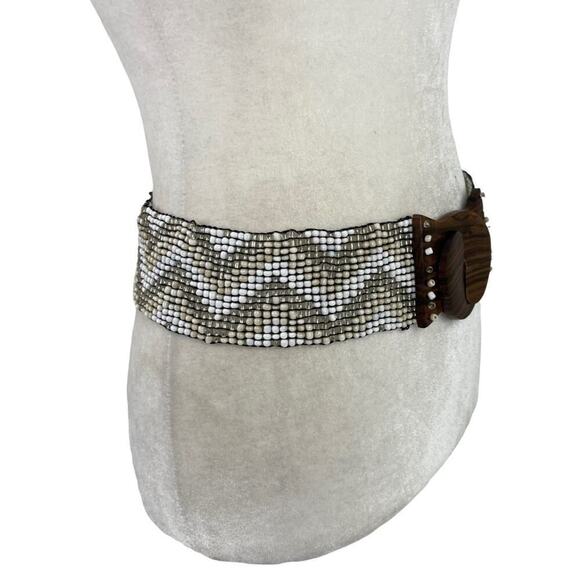 Vintage Hand-made Boho Belt Stretchy Beaded Bali Belt with Wooden Hook Buckle - Picture 6 of 15